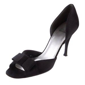 NEW Stuart Weitzman Peep Toe Bow Stiletto D'orsay Satin Sandal Heels 7.5 Black